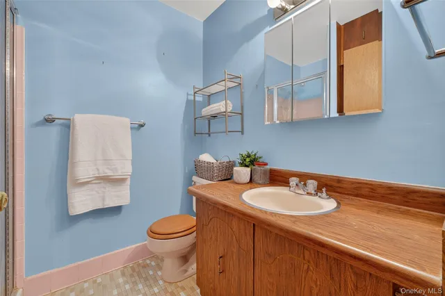 a bathroom with a toilet sink and mirror