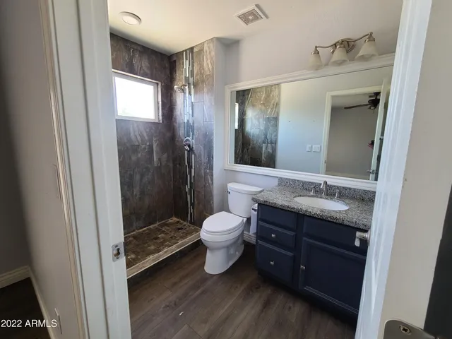 a bathroom with a double vanity sink toilet and shower