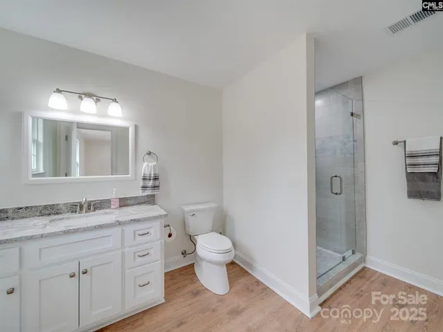 a bathroom with a granite countertop sink a toilet and a mirror