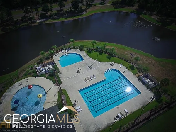 an aerial view of a wooden deck