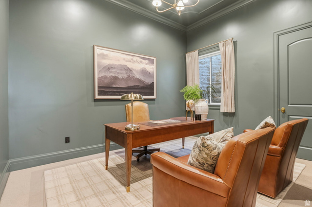 115 East Hidden Ridge Lane, Unit 42 Mapleton, UT 84664 - Photo 70 of 103 Office space featuring a wood-finish desk, arched doorway, window with natural light, detailed crown molding, and recessed lighting