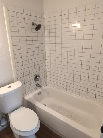 a bathroom with a toilet and bathtub