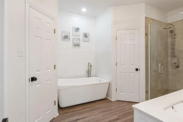 a view of a bathroom with a tub
