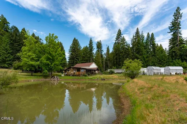a view of a lake with a house in the background