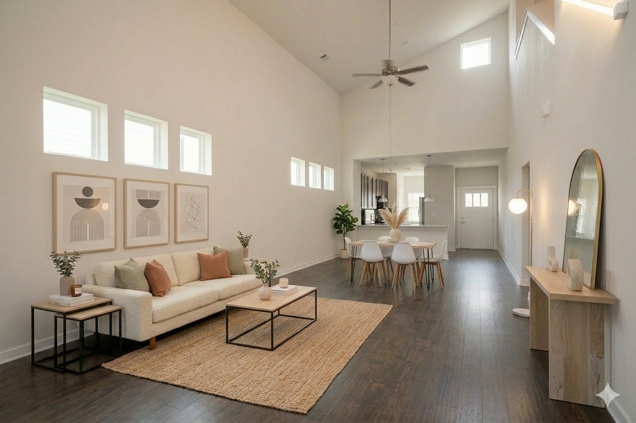 a living room with furniture and a chandelier