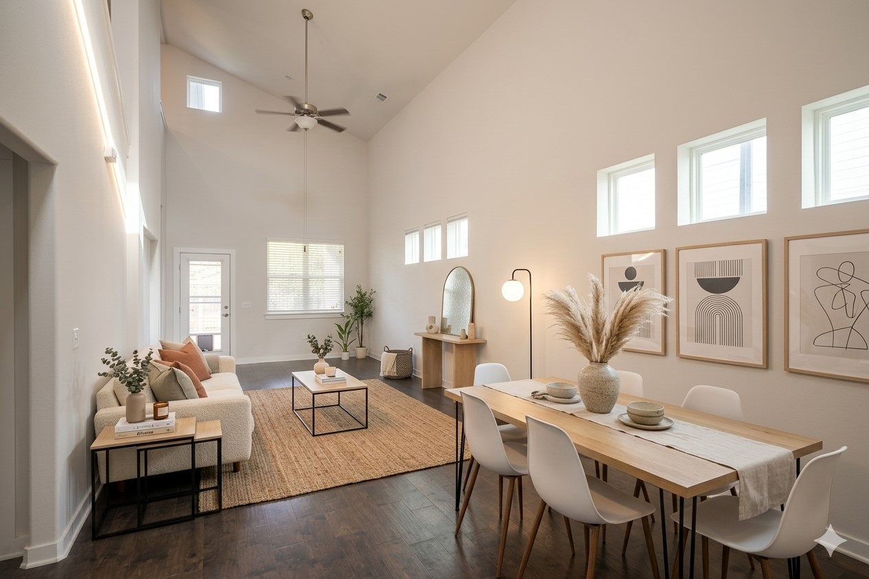 8945 Parker Ranch Circle, Unit A Austin, TX 78748 - Photo 7 of 25 a living room with furniture a chandelier and a table