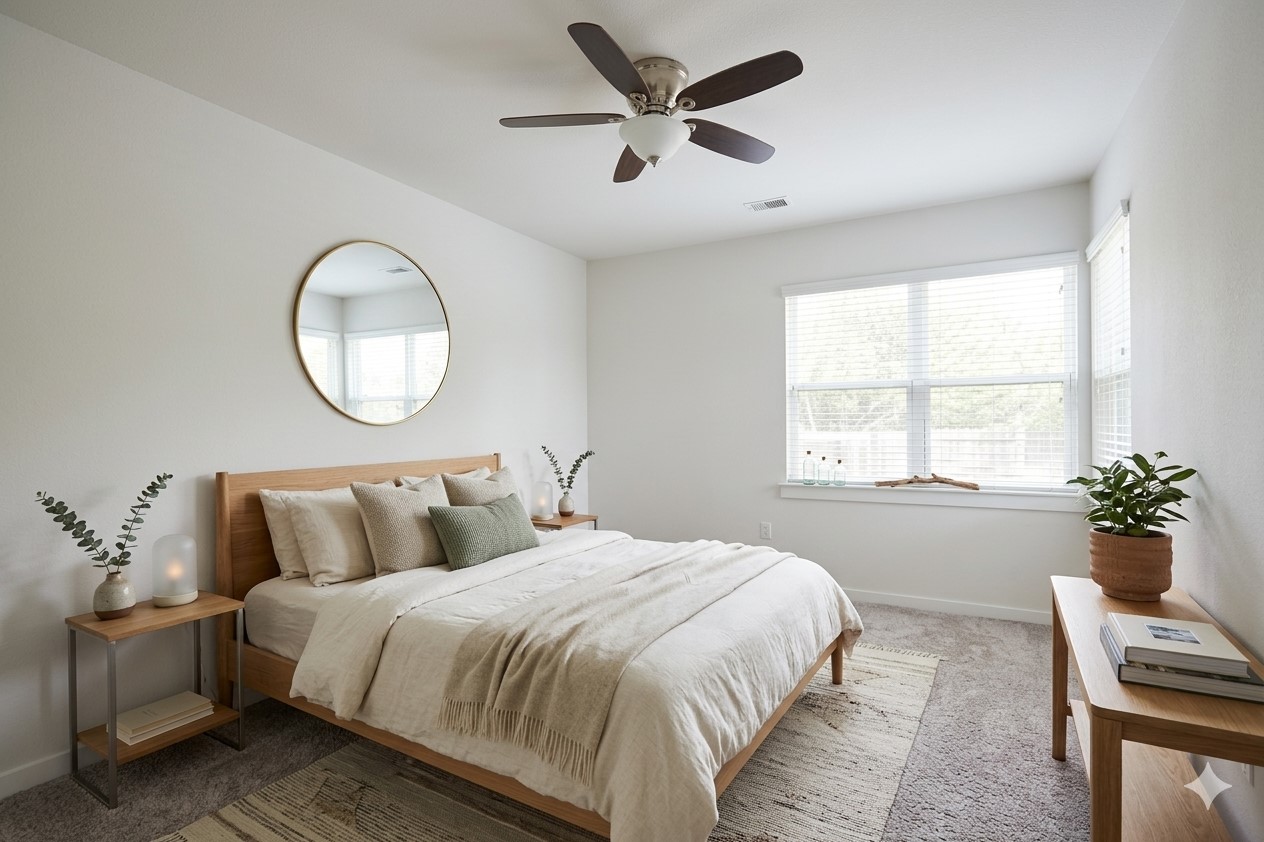 8945 Parker Ranch Circle, Unit A Austin, TX 78748 - Photo 10 of 25 a bedroom with bed and a chandelier