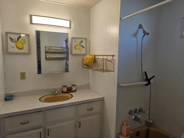 a bathroom with a sink and mirror