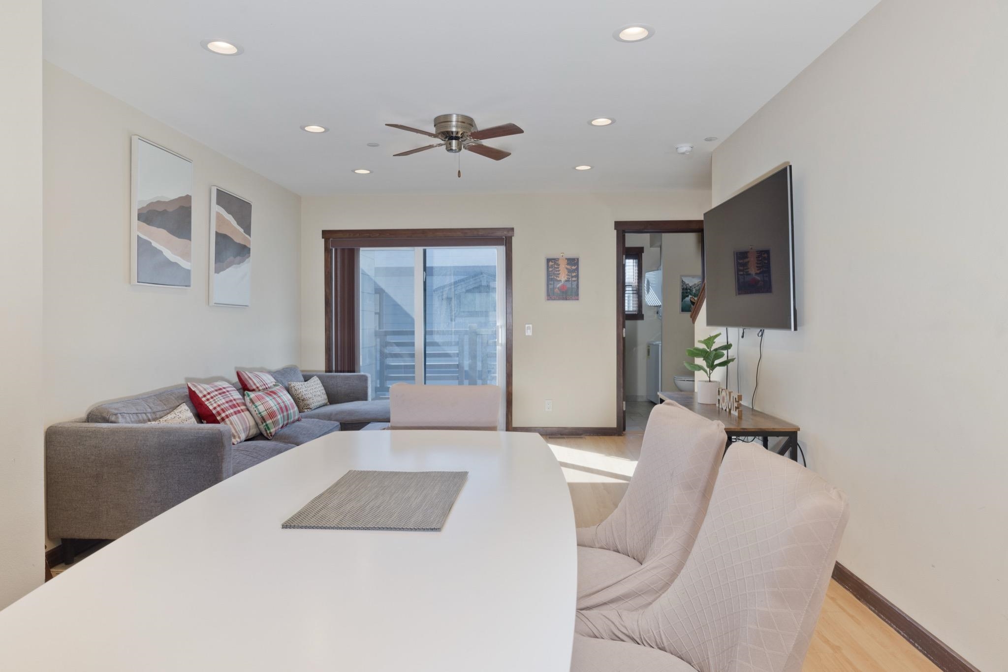28 Oak Tree Way, Unit 8 Mammoth Lakes, CA 93546 - Photo 5 of 32 Dining space featuring recessed lighting, a ceiling fan, and light wood-style floors