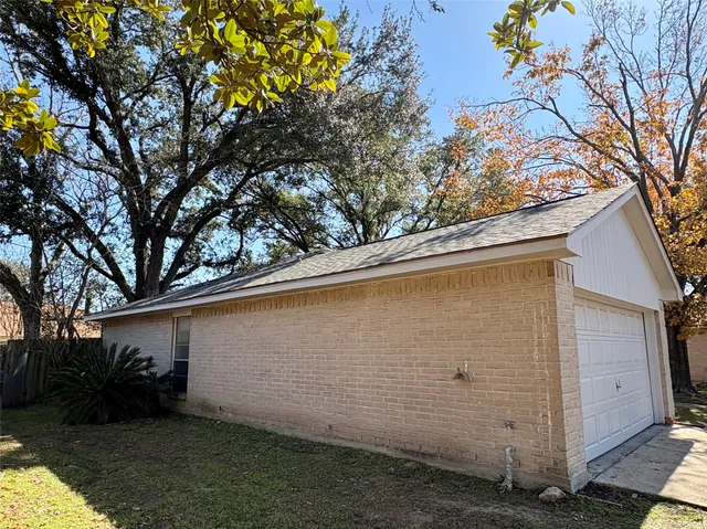 a view of backyard with potted plants and large tree