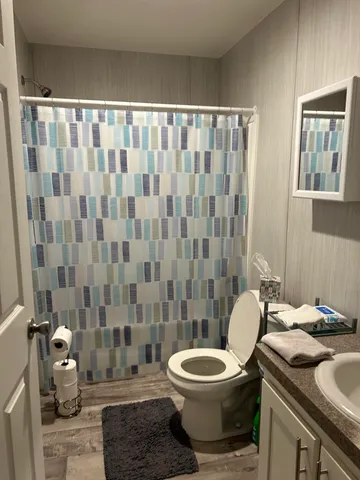a bathroom with a sink a toilet and shower curtain