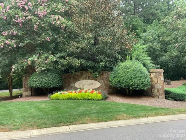 a view of a garden with a bench and trees