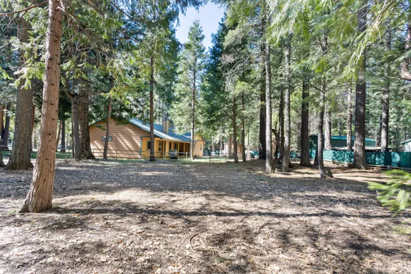 a front view of a house with a yard and large trees