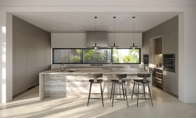 a kitchen with kitchen island a table and chairs in it