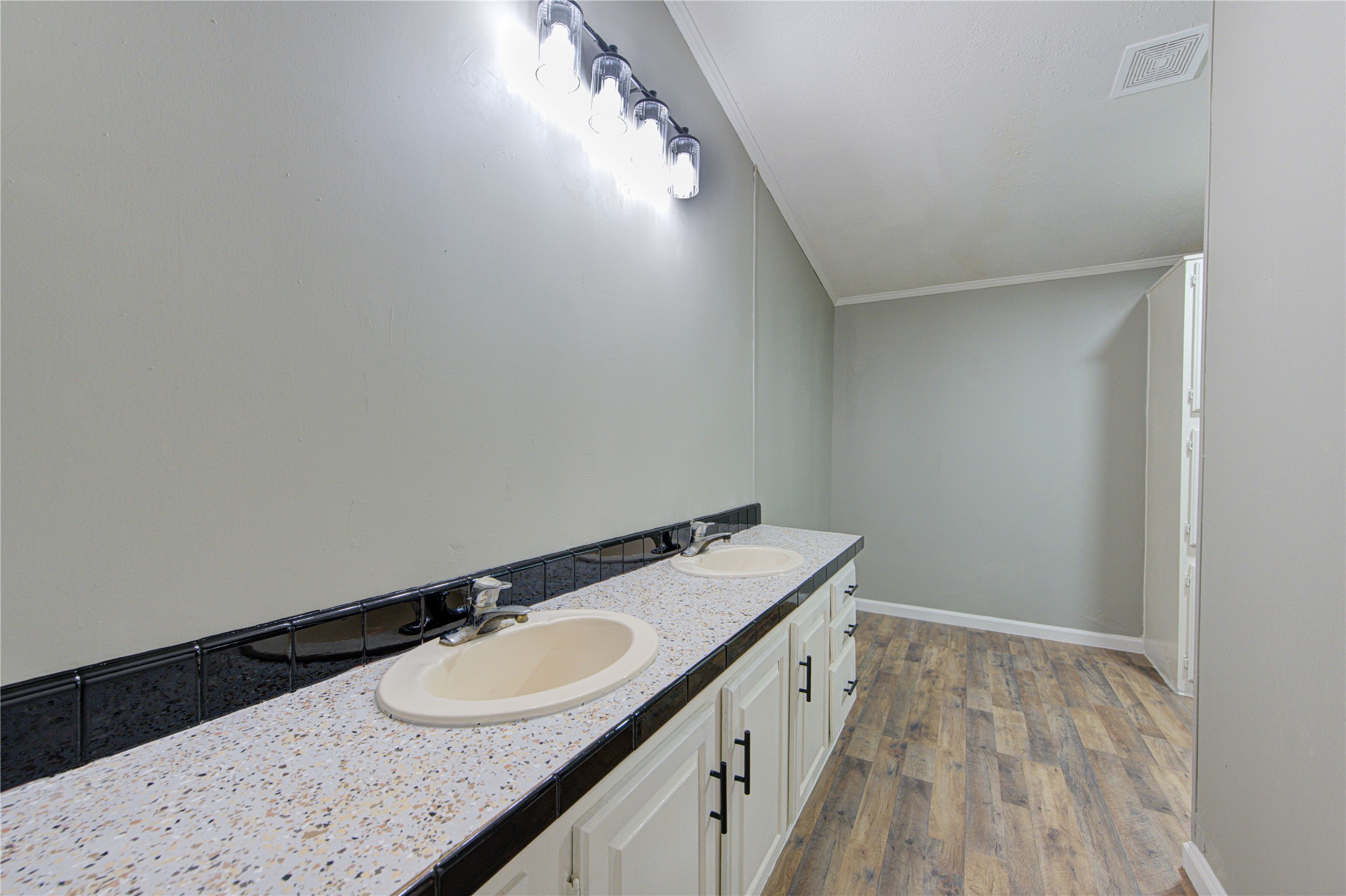 30226 Davis Street Magnolia, TX 77355 - Photo 31 of 50 This bathroom features a long countertop with dual sinks, modern lighting, and wood-style flooring, offering ample space and a contemporary feel.