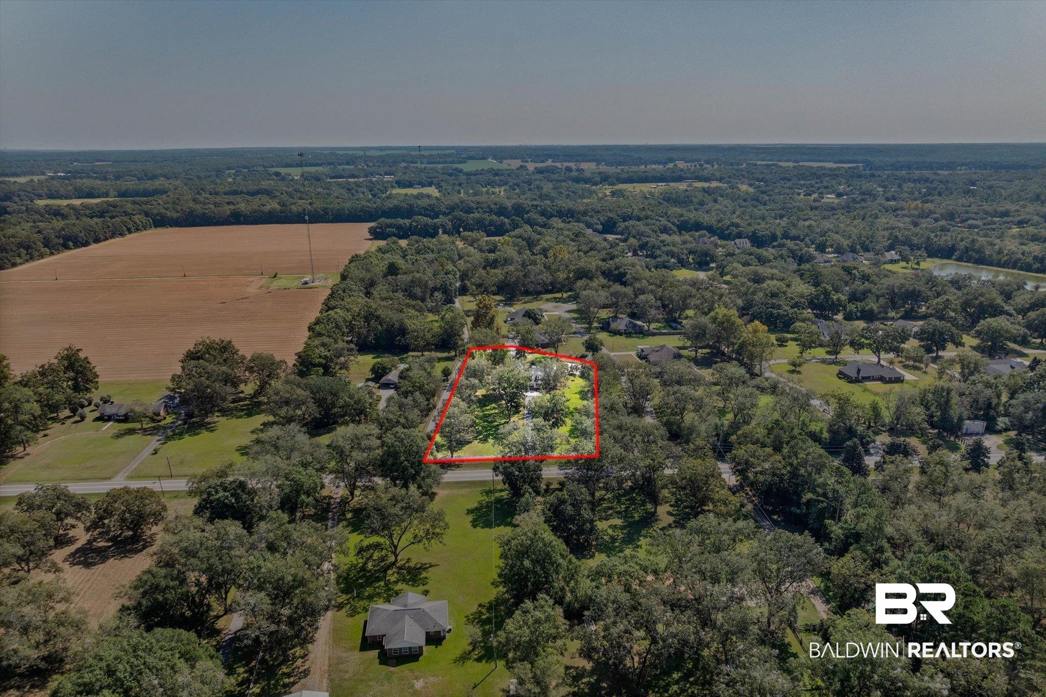 6175 South Grand Bay Wilmer Road Grand Bay, AL 36541 - Photo 40 of 42 Aerial view of sparsely populated area with property boundaries highlighted