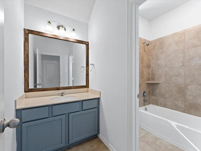 a bathroom with a bathtub sink and mirror