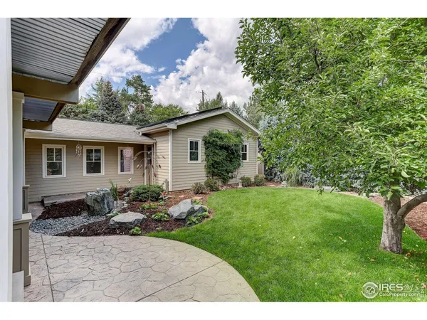a backyard of a house with table and chairs