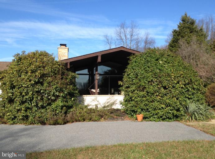 a view of a house with a yard and potted plants