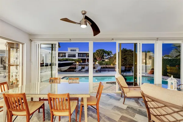 an aerial view of a house with a swimming pool
