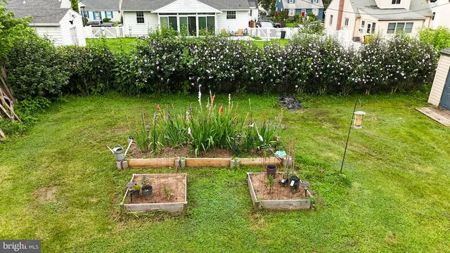 a garden view with a seating space