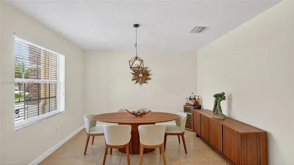 a view of a dining room with furniture window and outside view