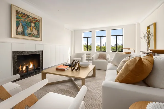 a living room with furniture window and a fireplace