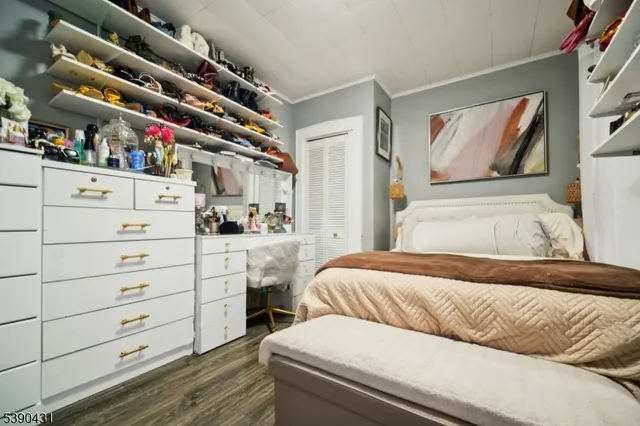 a bedroom with a bed and closet