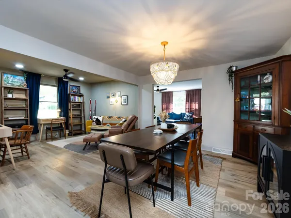 a view of a dining room with furniture
