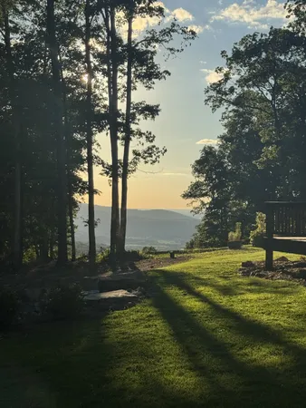 a view of a lake with a yard and large trees