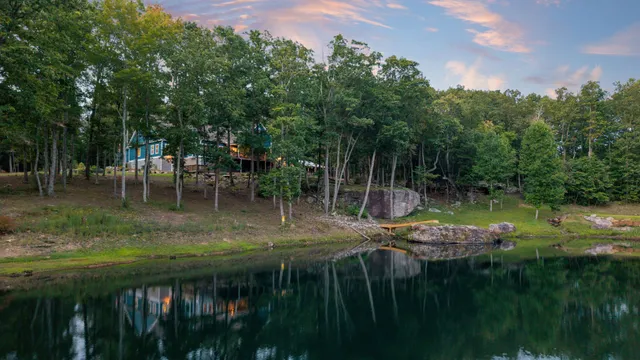 an aerial view of a house with swimming pool and trees in the background