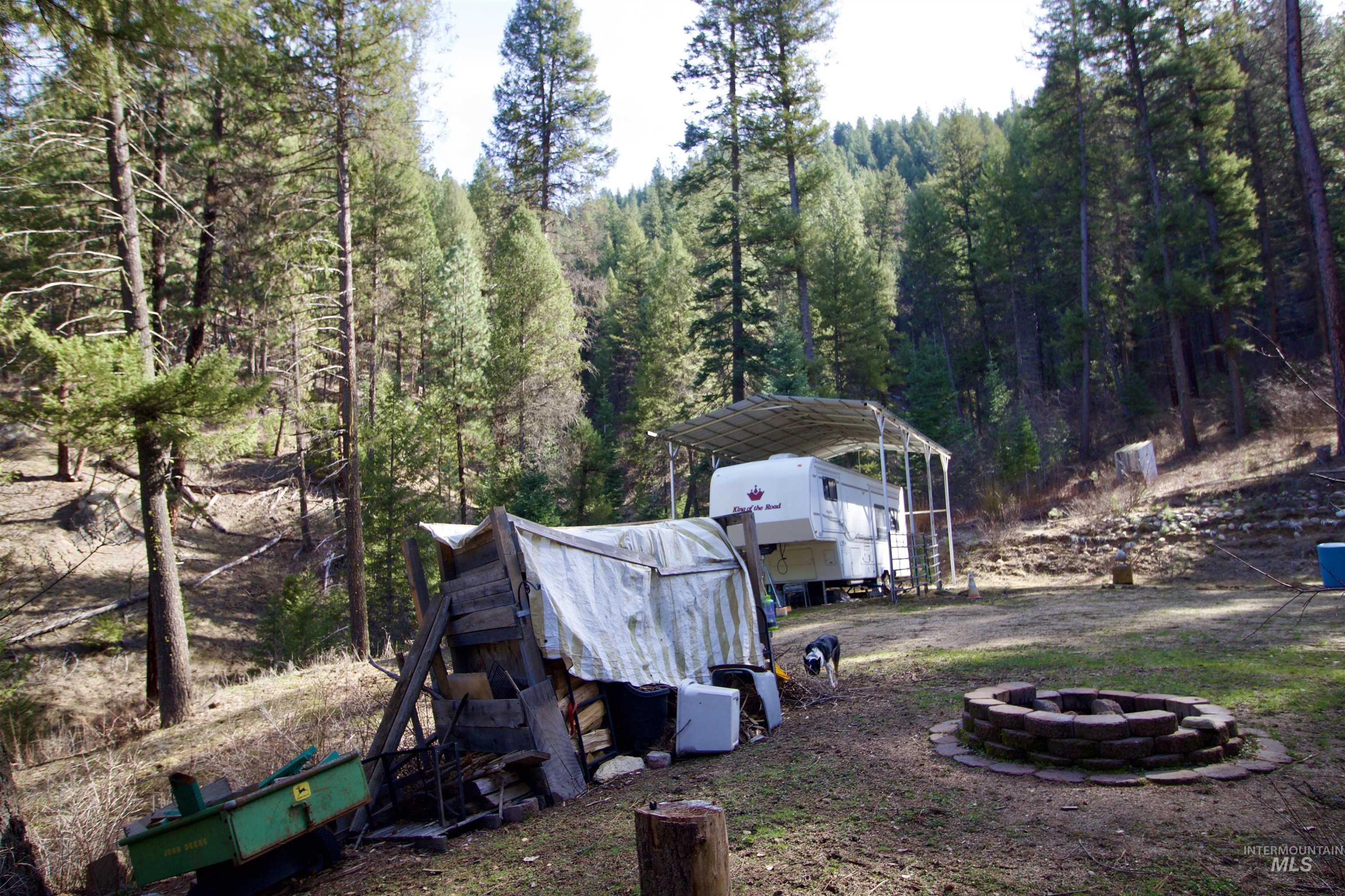 36 Lightning Creek Road Garden Valley, ID 83622 - Photo 7 of 12 View of yard with an outdoor fire pit, a detached carport, and a forest view
