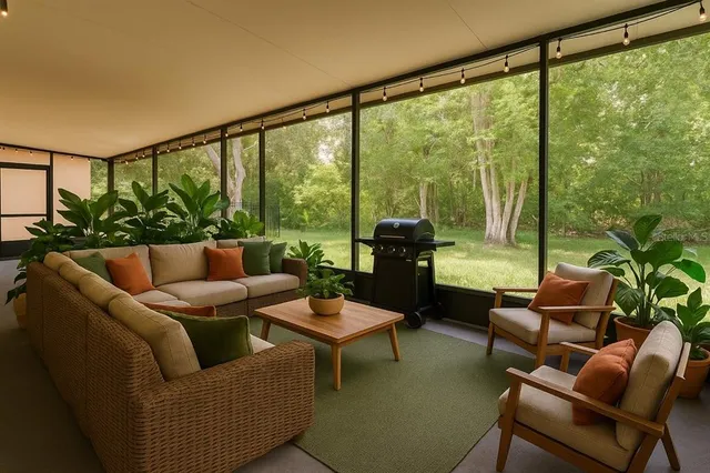 a living room with furniture and a floor to ceiling window