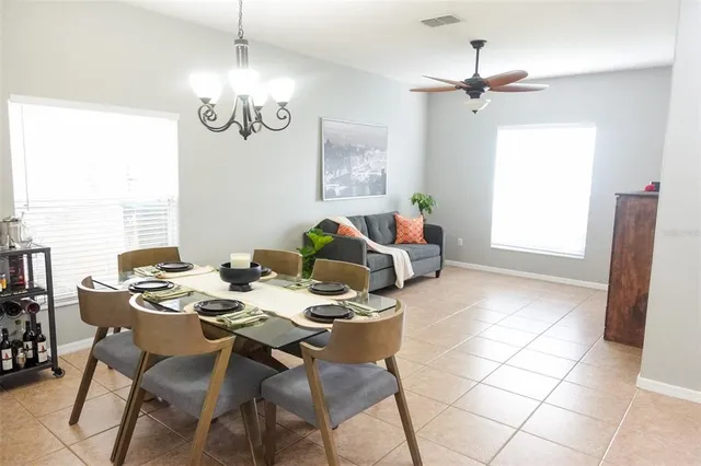 a view of a dining room with furniture and window