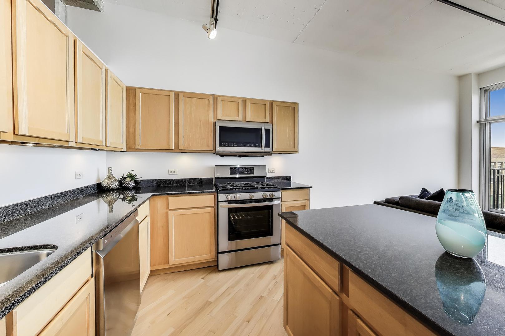 1000 West Adams Street, Unit 815 Chicago, IL 60607 - Photo 11 of 40 a kitchen with stainless steel appliances granite countertop a sink stove and microwave
