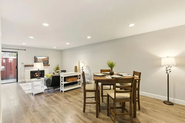 a view of a dining room with furniture