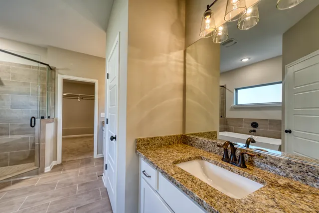 a bathroom with a granite countertop sink a mirror and a shower