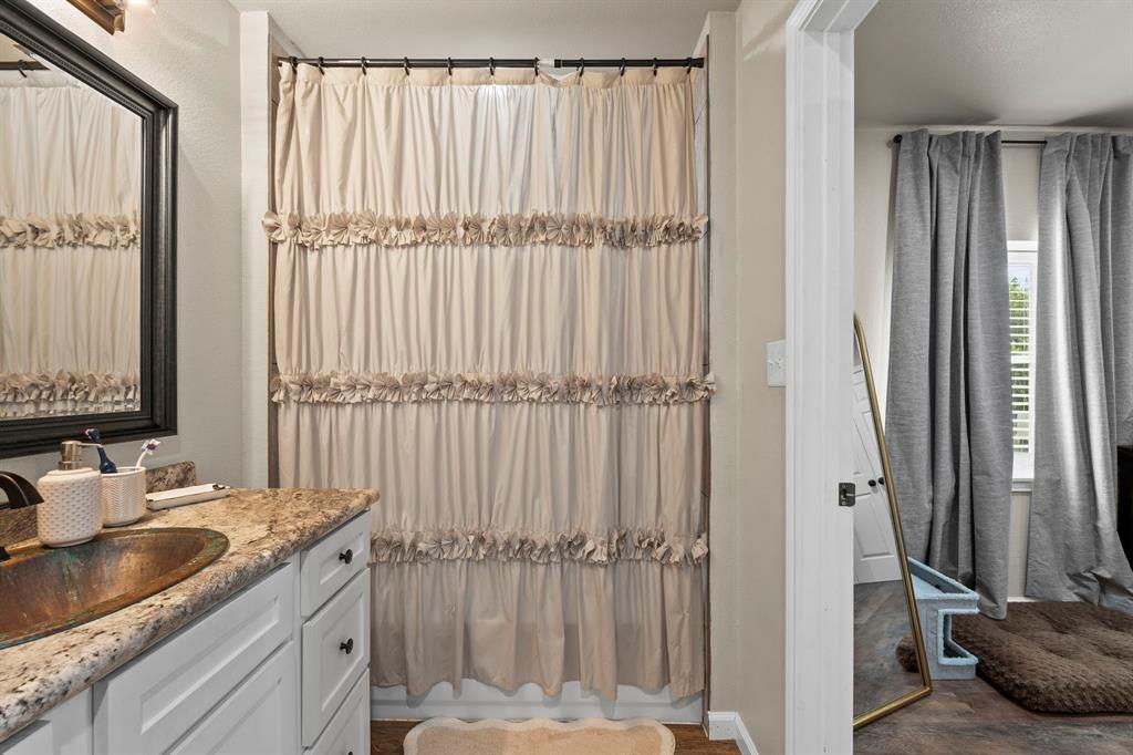 1404 McConnell Road Gunter, TX 75058 - Photo 16 of 27 a bathroom with a granite countertop sink and a mirror