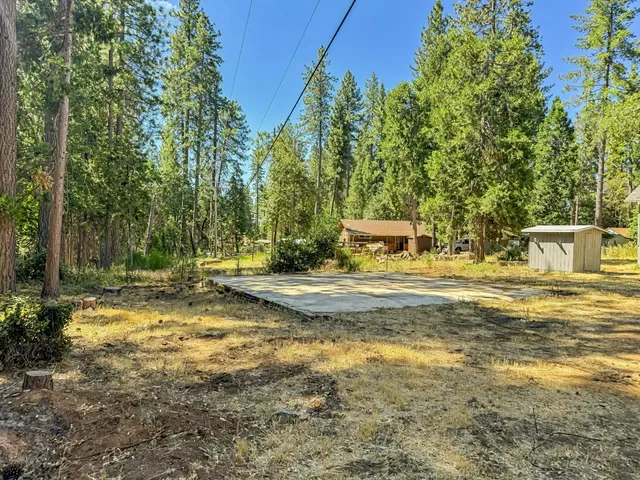 a view of a yard with swimming pool