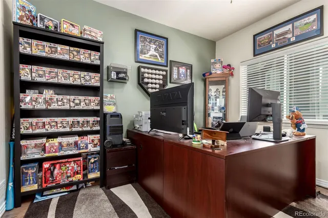 a work place with furniture and a book shelf