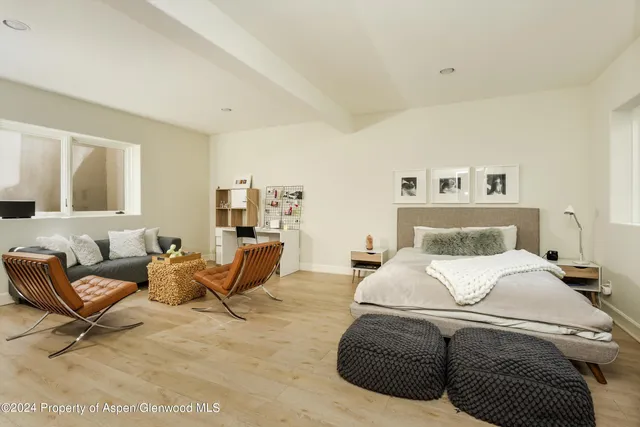 a bedroom with a bed and a couch