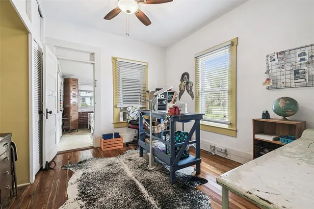 a view of a park with large trees