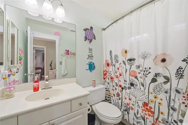 a bathroom with a sink a toilet and shower curtain