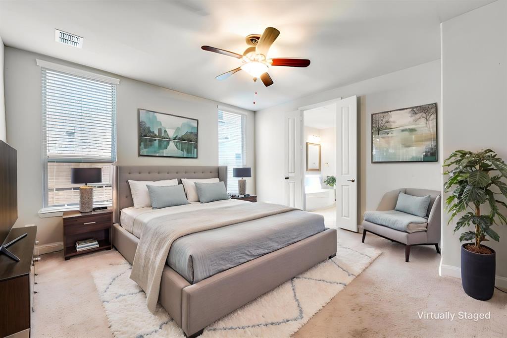 6117 Hall Road Frisco, TX 75034 - Photo 12 of 32 Bedroom with light colored carpet, ceiling fan, and connected bathroom