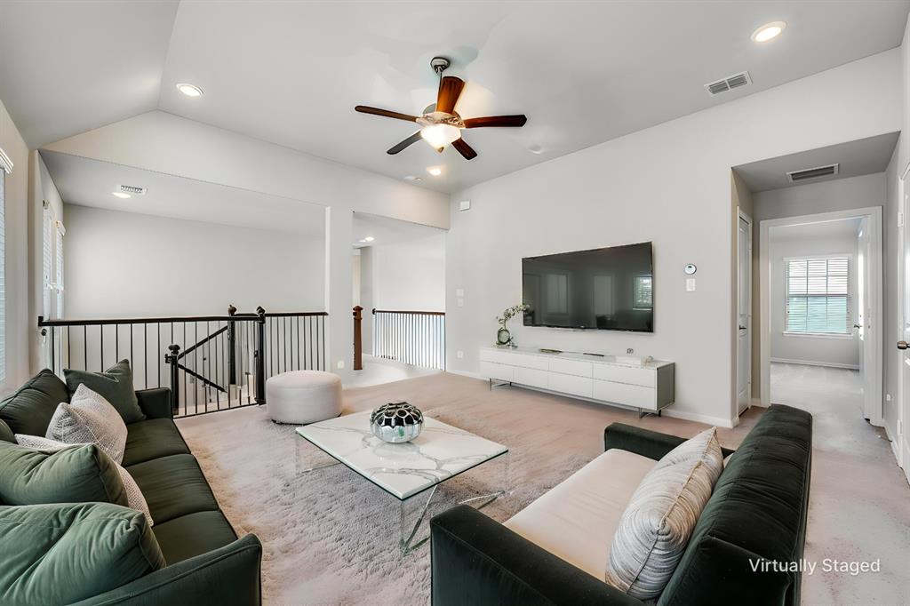 6117 Hall Road Frisco, TX 75034 - Photo 20 of 32 Carpeted living area featuring a ceiling fan and recessed lighting