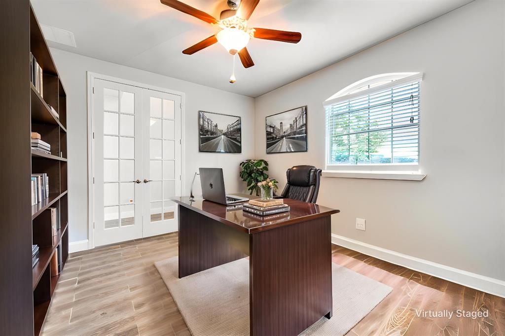 6117 Hall Road Frisco, TX 75034 - Photo 3 of 32 Office with french doors, light wood-style flooring, and a ceiling fan