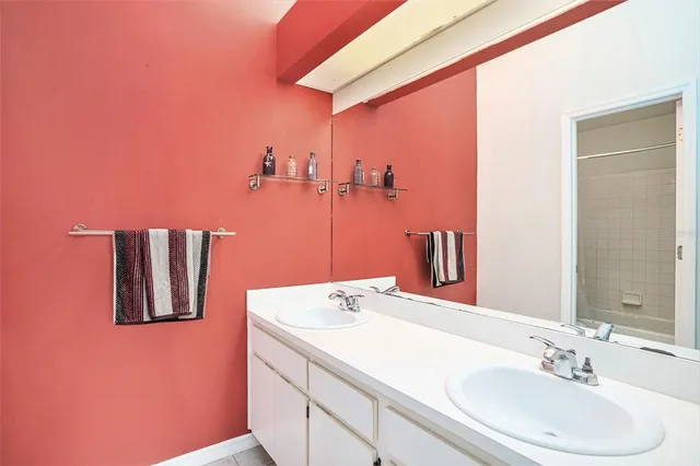 a bathroom with a sink and a mirror