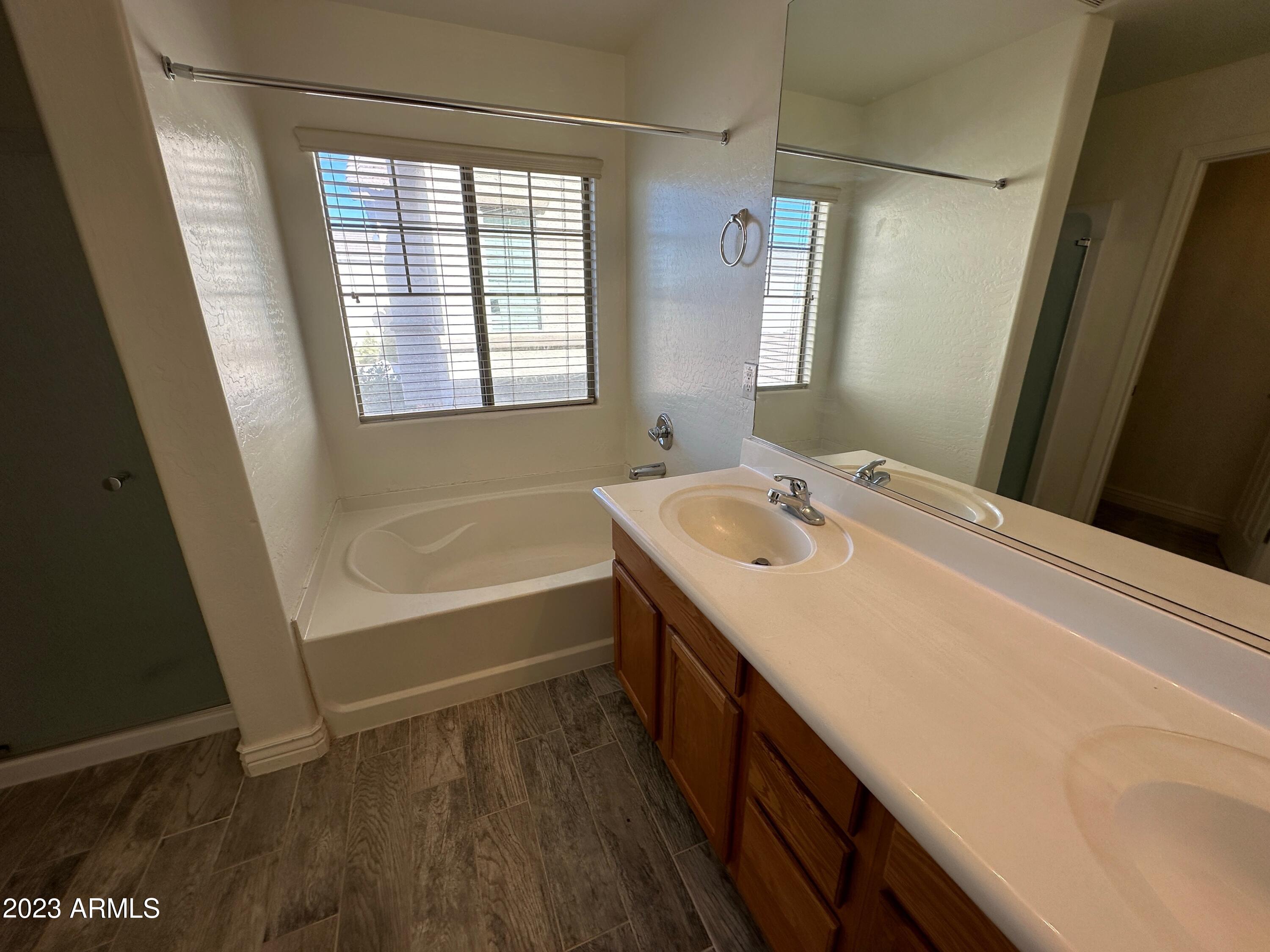 4734 East Olney Avenue Gilbert, AZ 85234 - Photo 25 of 26 a bathroom with a sink a mirror and a bathtub