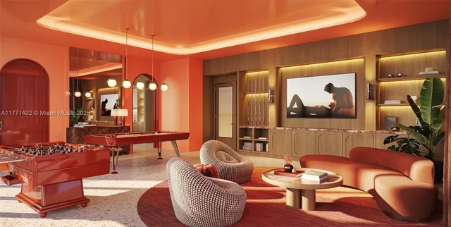 a living room with furniture a lamp and large window