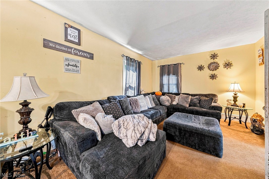 Spacious living area featuring a vaulted ceiling and wall-to-wall carpeting